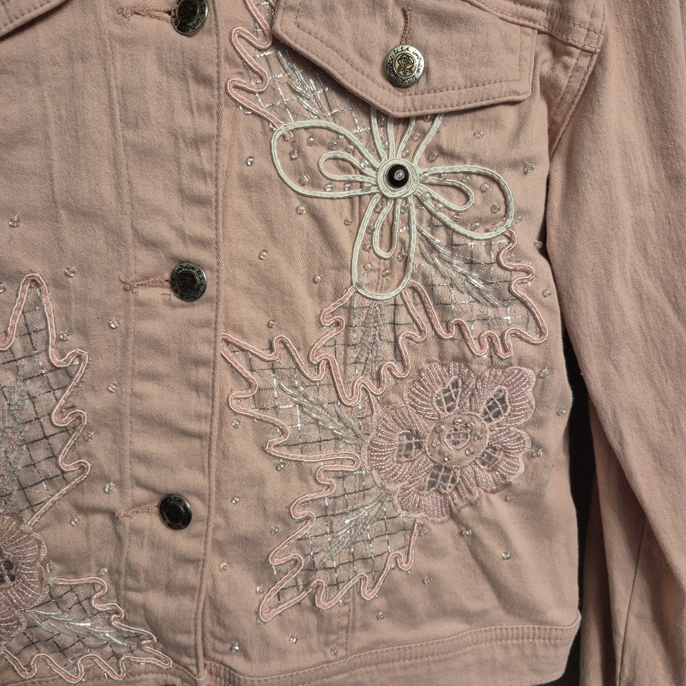 Impulse California Women's Pink Embroidered Floral Jacket Pant Set Size Small/6 - Picture 3 of 9